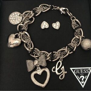 NIB Guess Silver Heart CHARM BRACELET + 5 charms & Heart post earrings